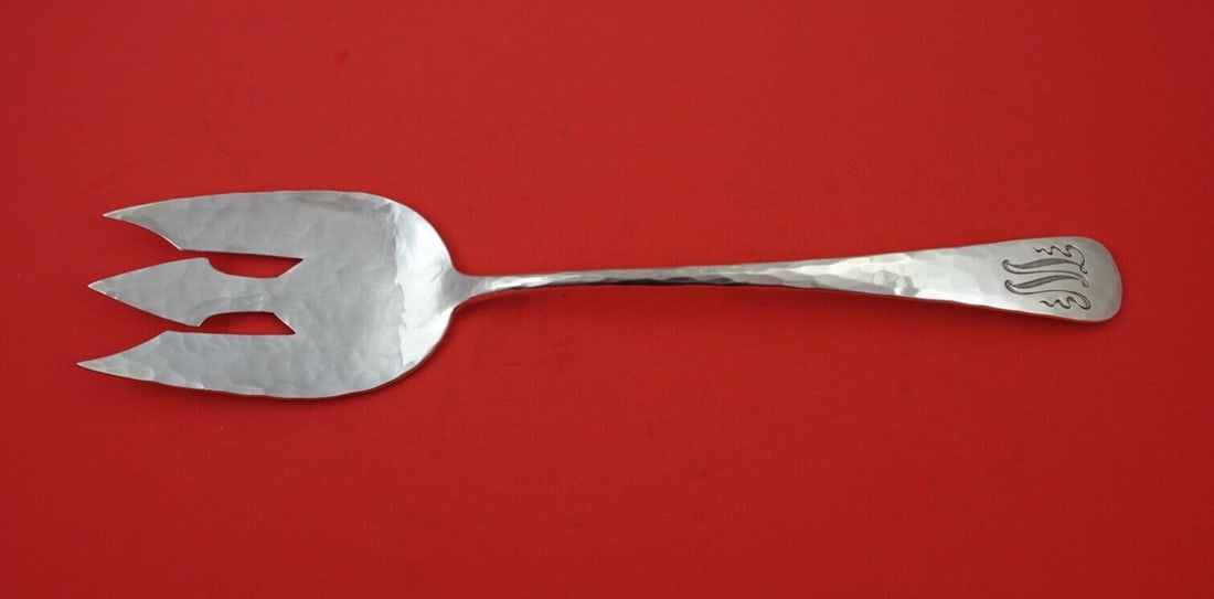 Shiebler Number 1 Sterling Silver Serving Fork 12" Hammered Finish: Shiebler Number 1 Sterling Silver Serving Fork 12" Hammered Finish This exquisite buffet serving fork is crafted from high-quality sterling silver by renowned maker Shiebler, featuring the elegant Num