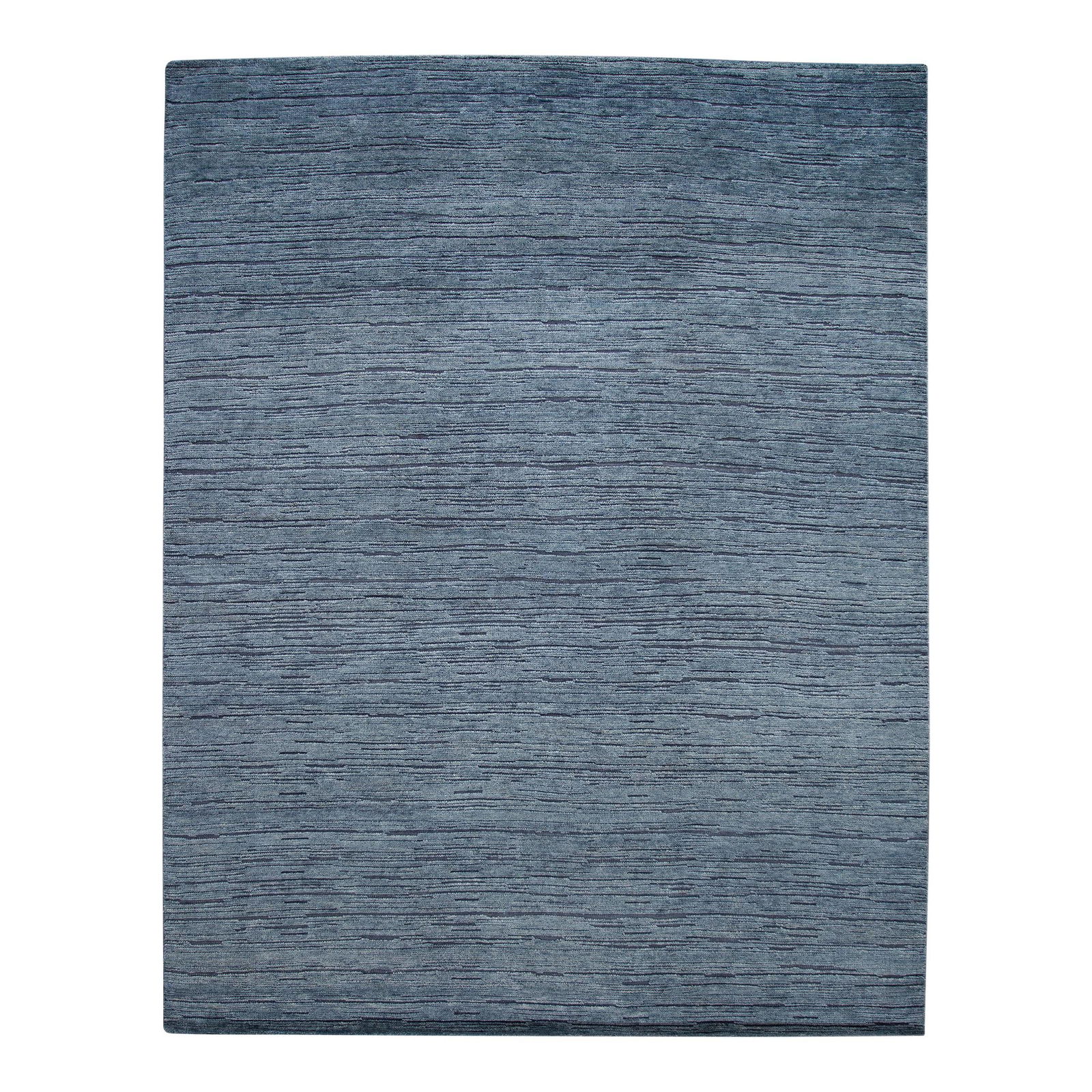 Handmade Striped Blue Wool Rug 12'3 x 15'2 Contemporary Indian Design: Handmade Striped Blue Wool Rug 12'3 x 15'2 Contemporary Indian Design Enhance your living space with this stunning modern hand-knotted wool rug from India. Featuring a captivating blue field adorned w