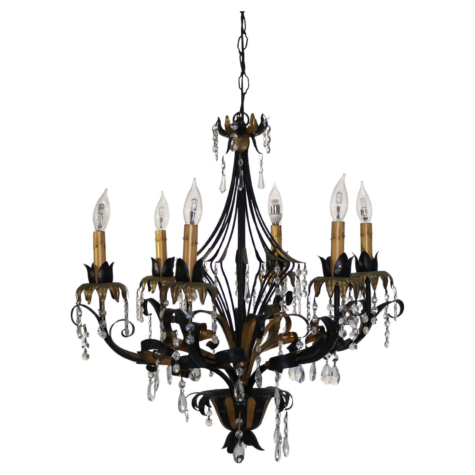 Vintage Ebonized Gold Gilt Six-Light Foliate Crystal Chandelier C1940: Vintage Ebonized Gold Gilt Six-Light Foliate Crystal Chandelier C1940 Illuminate your space with this exquisite vintage ebonized and gold gilt six-light chandelier, embodying a stunning foliate design