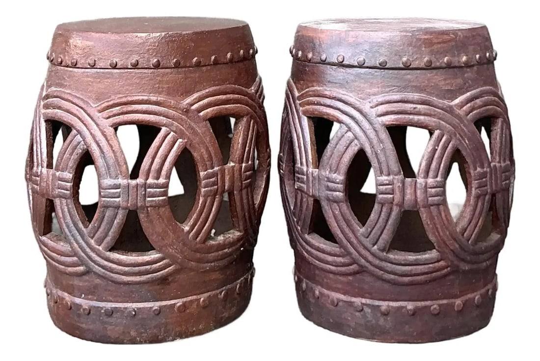 Pair of Vintage Brown Ceramic Garden Stools With Interlocking Ring Design (1 of 9)