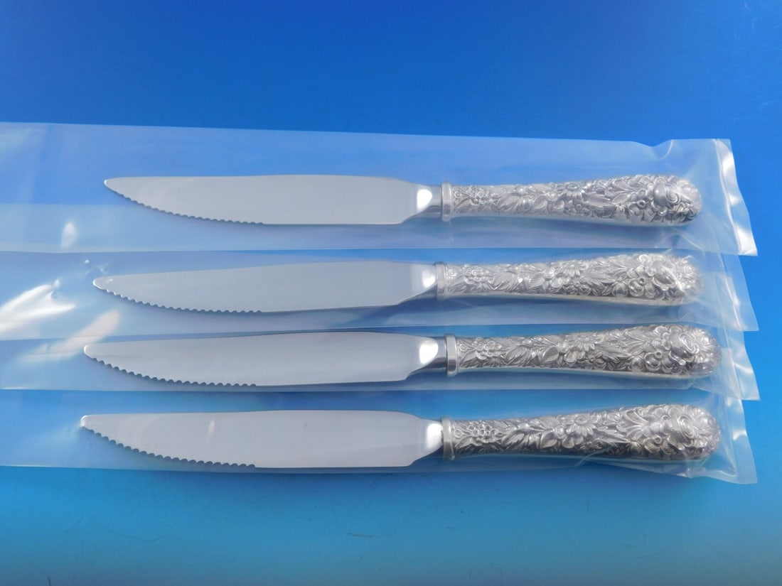 Kirk Repousse Sterling Silver Steak Knife Set 4pc Custom Made 8.5" (1 of 6)