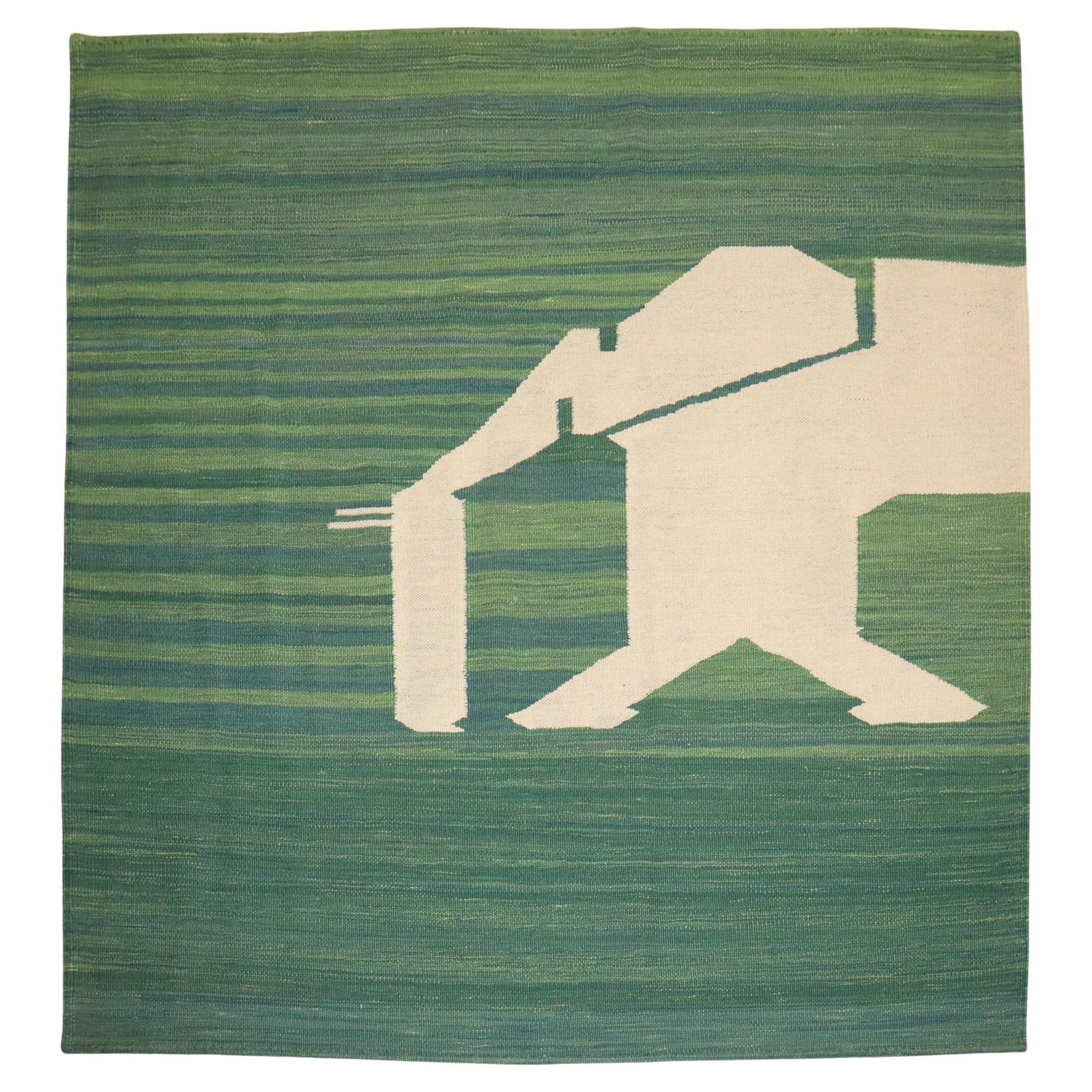 Half Elephant Green Wool Persian Kilim Mid-Century Modern 5' Square: Half Elephant Green Wool Persian Kilim Mid-Century Modern 5' Square This striking square Persian kilim features a unique half elephant design set against a vibrant green field. Measuring 5' x 5' (60 i