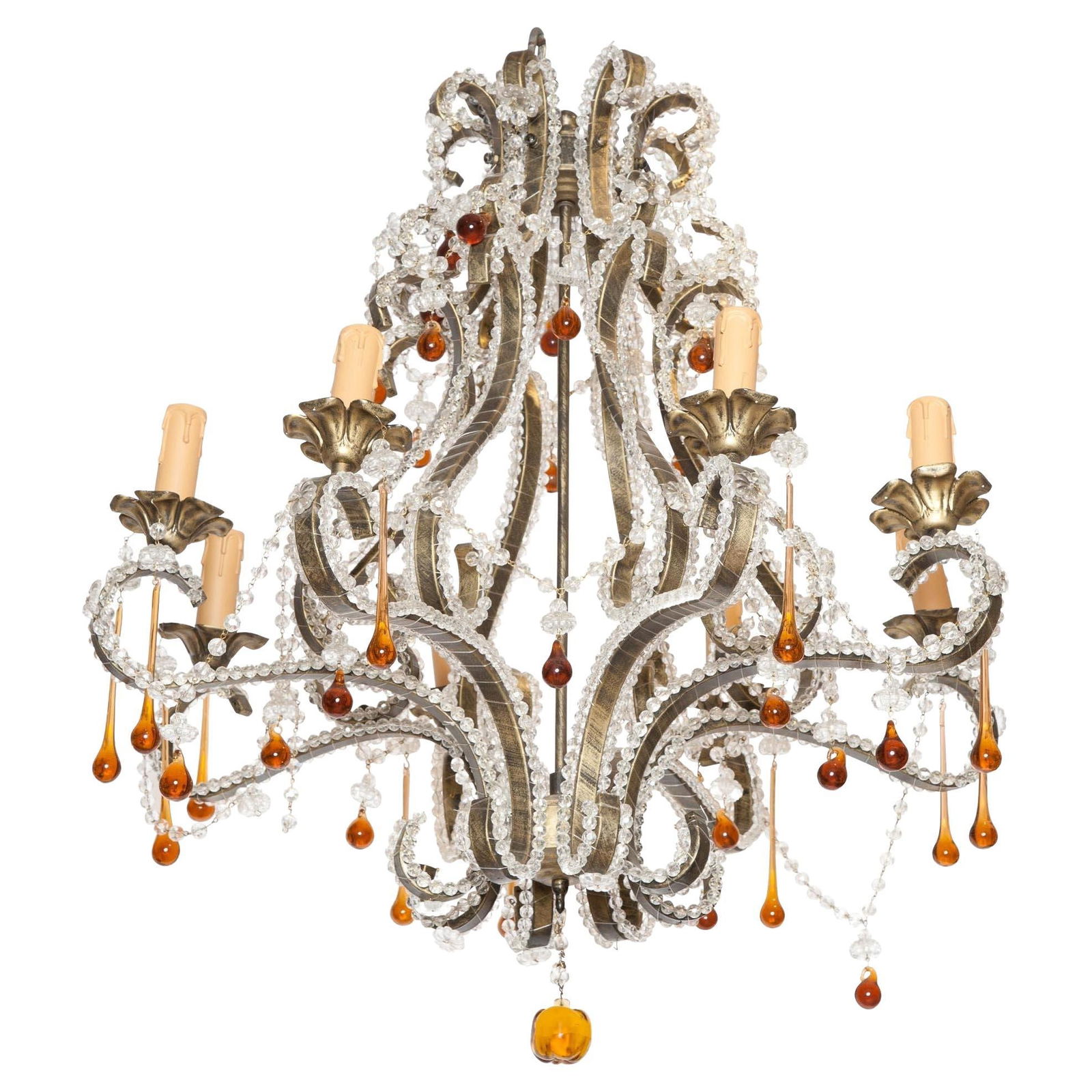 Belle Epoque French Steel Chandelier with Amber Beaded Glass Pendants (1 of 5)