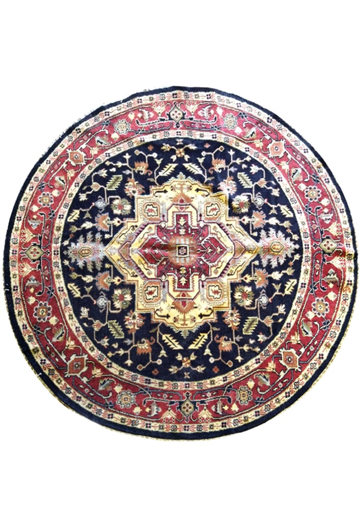 8 x 8 Round Heriz Black Area Rug Hand-Knotted Wool Elegant Design (1 of 11)