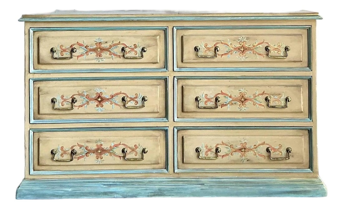Hand-Painted Six-Drawer Dresser With Distressed Floral Motif and Brass Hardware (1 of 8)