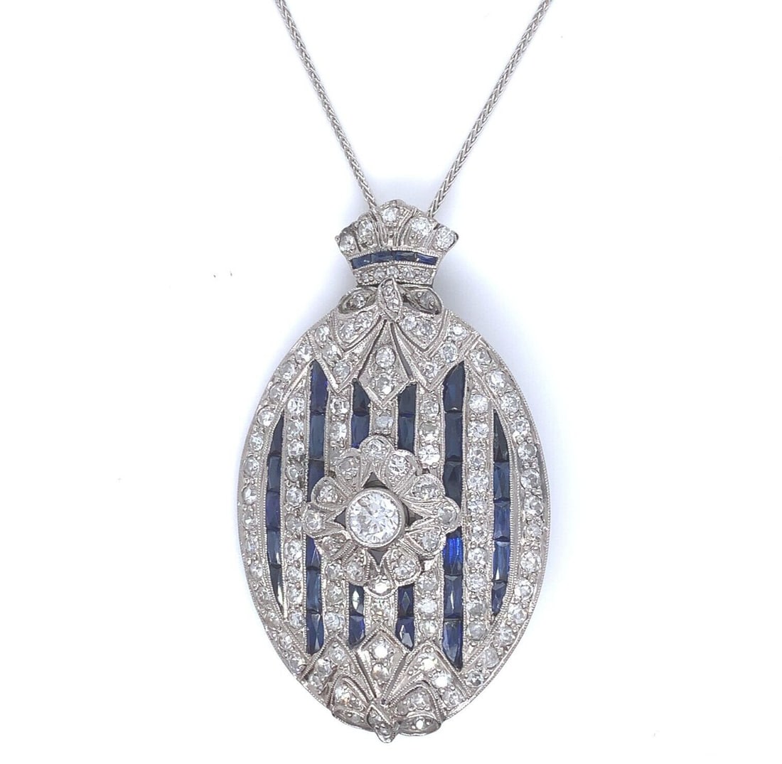 Art Deco Platinum Pendant Necklace 2 Carat Diamond Lab-Created Sapphire: Art Deco Platinum Pendant Necklace 2 Carat Diamond Lab-Created Sapphire This exquisite Art Deco pendant necklace showcases a stunning combination of 2 carats of diamonds and lab-created sapphires. Cra