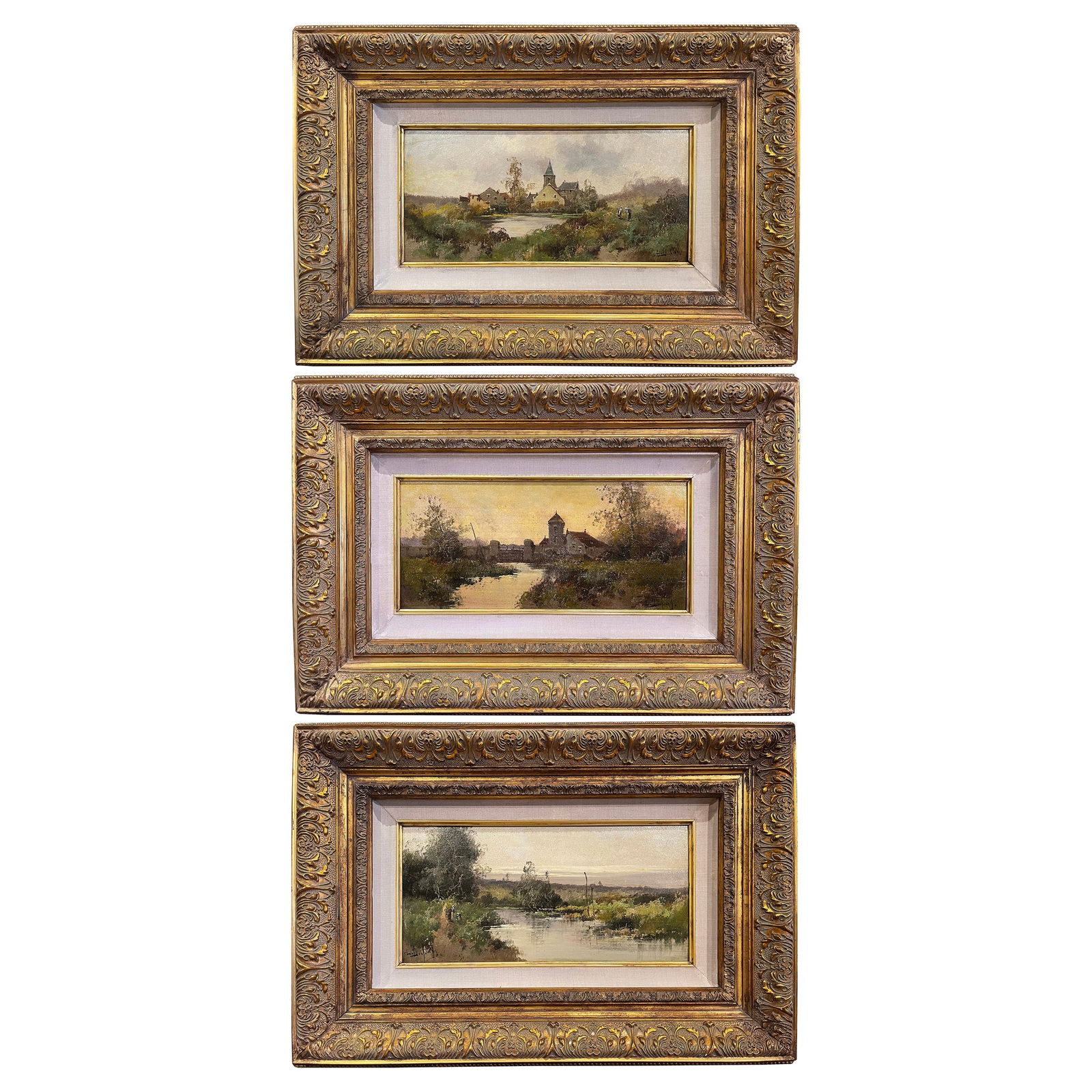 Set of 3 Antique Landscape Paintings by Leon Dupuy in Giltwood Frames: Set of 3 Antique Landscape Paintings by Leon Dupuy in Giltwood Frames Elevate your living space with this exquisite set of three antique landscape paintings, each signed by Leon Dupuy, a pseudonym of