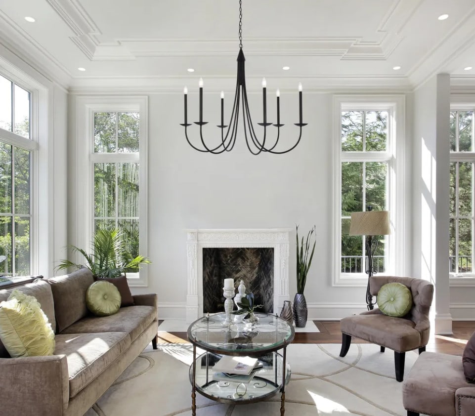 Farmhouse Black 6-Light Chandelier by Living District 42 inch: Farmhouse Black 6-Light Chandelier by Living District 42 inch Illuminate your space with this stunning 42-inch farmhouse-style chandelier, designed to enhance both traditional and modern interiors. Fe