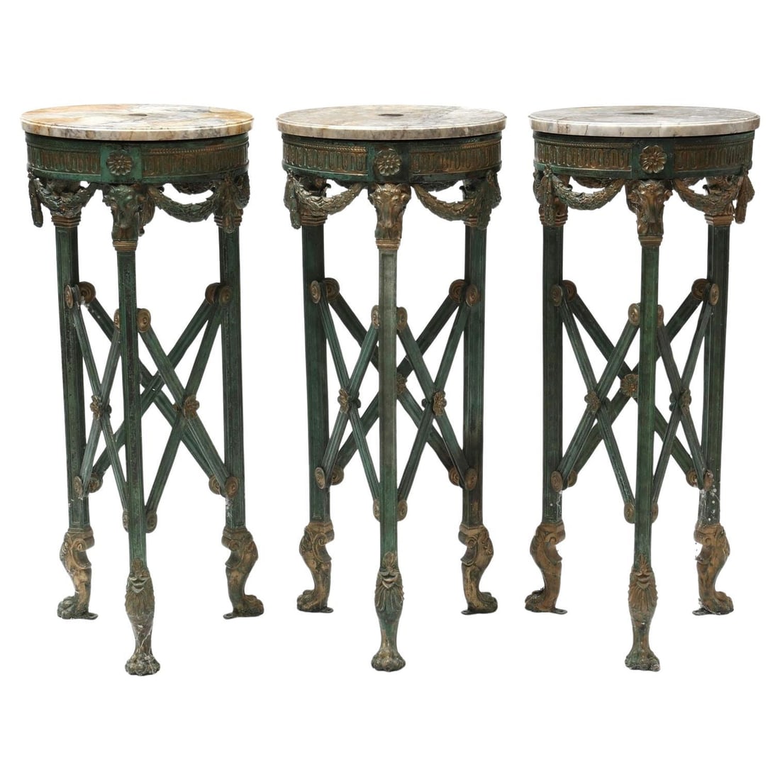 Set of 3 Bronze and Marble French Directoire Pedestals with Neoclassical Motifs: Set of 3 Bronze and Marble French Directoire Pedestals with Neoclassical Motifs This set includes three large French Directoire style pedestals or plant stands from the early 20th century. Each pedest