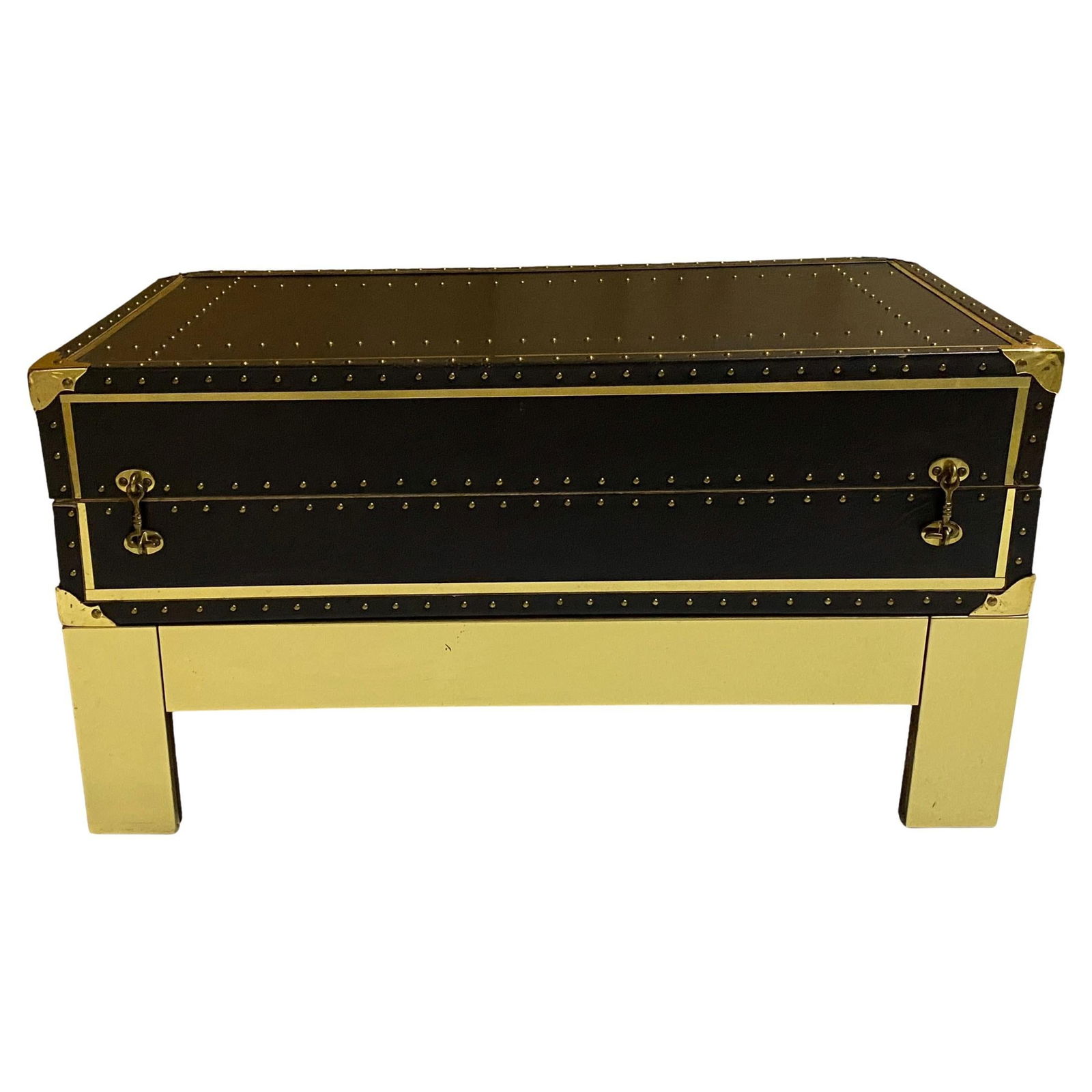 1970s Sheik Campaign Brass Studded Leather Trunk on Brass Stand (1 of 6)