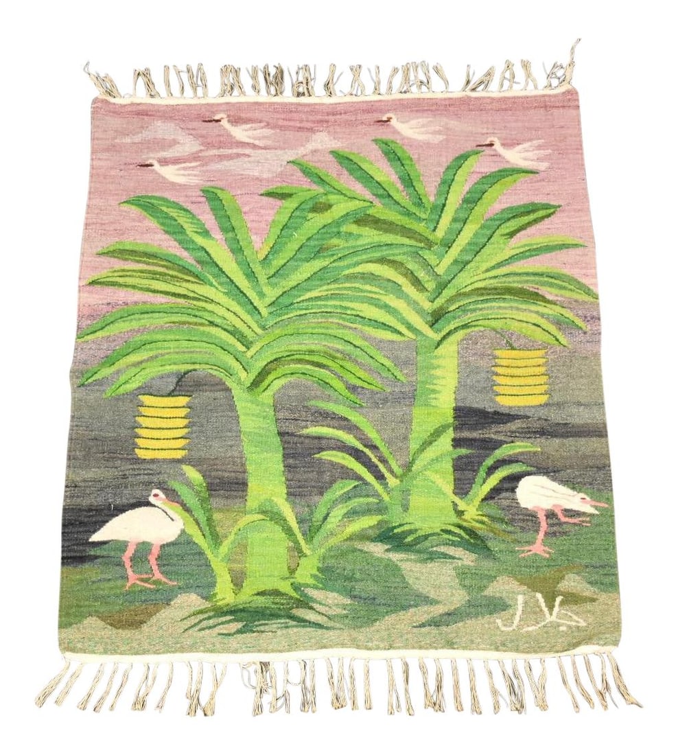 Vintage Mid Century Modern Egret Flat Weave Rug 38x43 Green Fabric: Vintage Mid Century Modern Egret Flat Weave Rug 38x43 Green Fabric This Mid Century Modern Egret Flat Weave Kilim Rug features a charming scene of egrets in a tropical setting, adding a touch of vinta