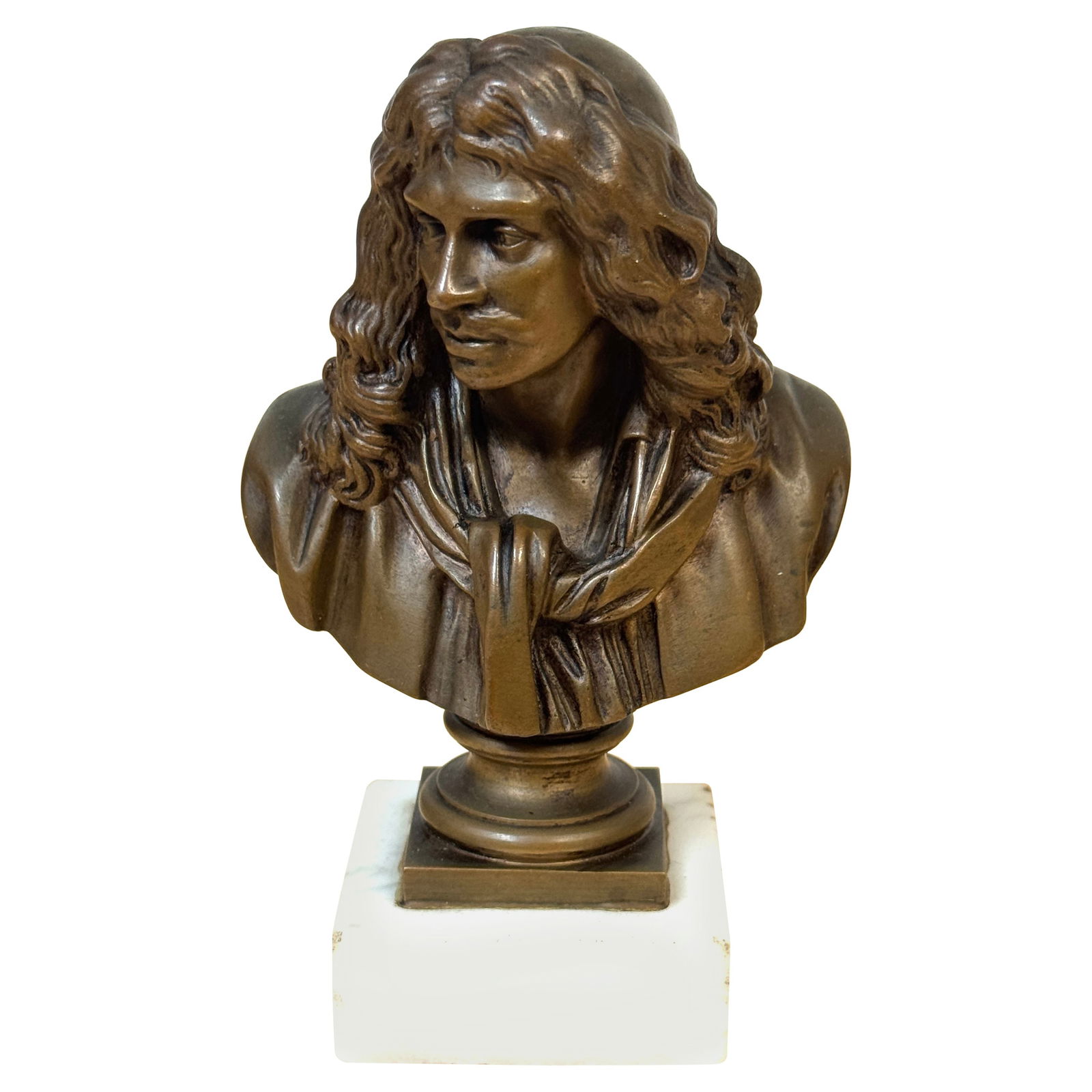 F. Barbedienne Bronze Bust of Moliere after Caffieri 1870s: F. Barbedienne Bronze Bust of Moliere after Caffieri 1870s This elegant bronze reduction bust of Moliere, crafted by F. Barbedienne after the model by Jacques Caffieri, captures the essence of the emi