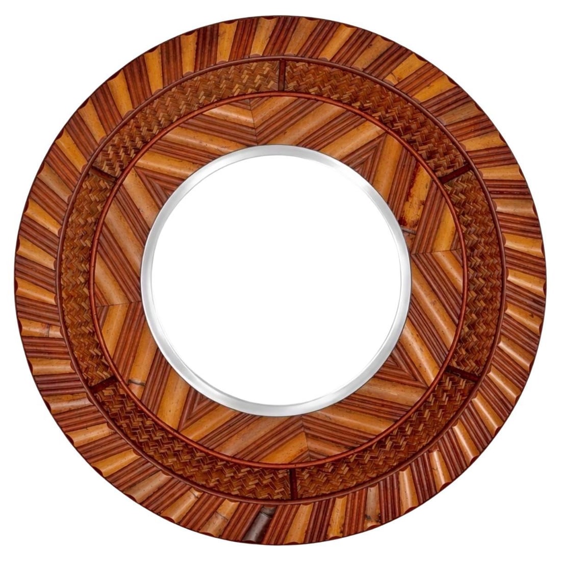 Circular Wall Mirror in Bamboo Rattan and Wood Modernist 1980s Design: Circular Wall Mirror in Bamboo Rattan and Wood Modernist 1980s Design This circular wall mirror from the late 20th century features a modernist design crafted from layered bamboo, rattan, and wood. Th