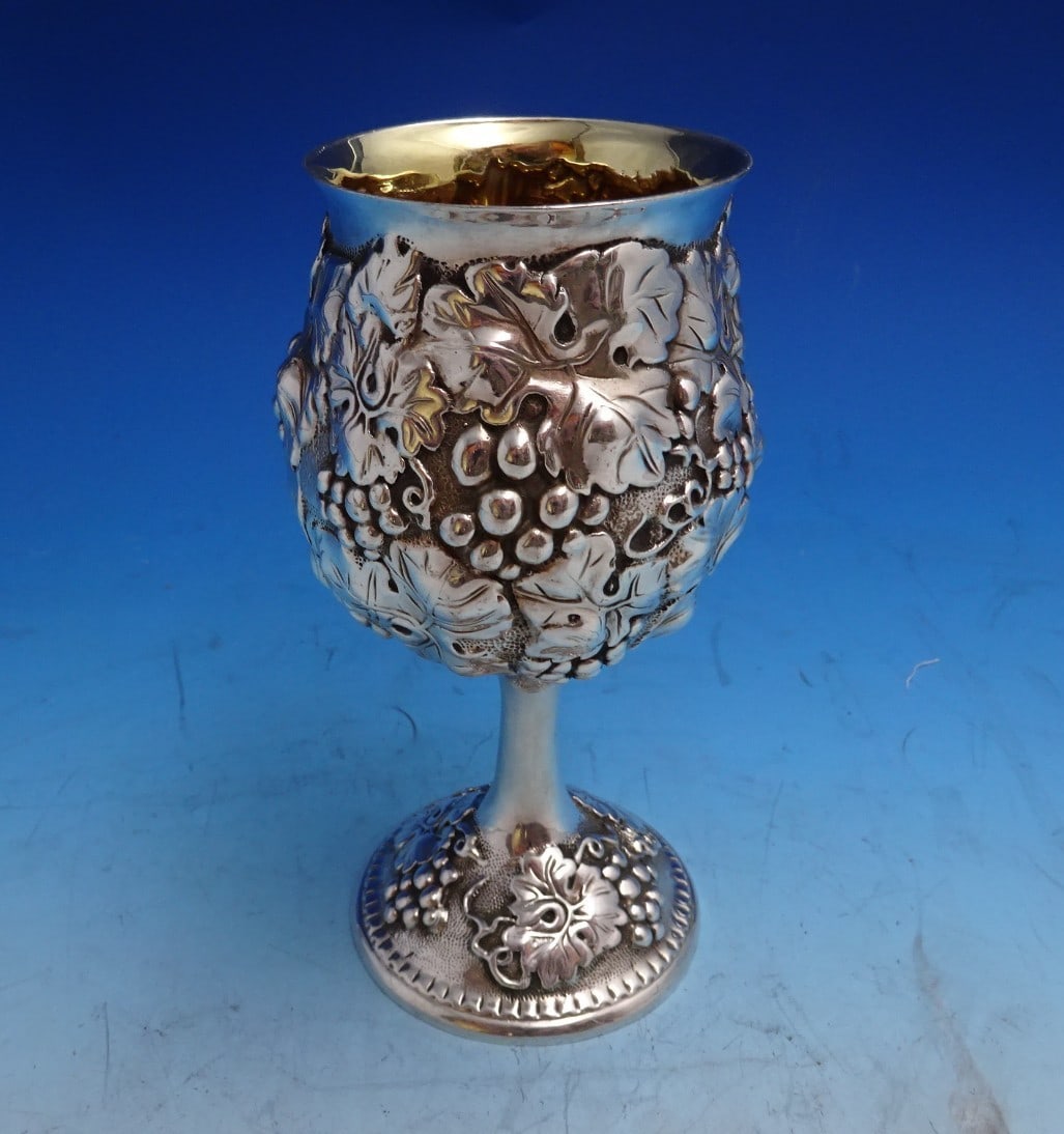 Sterling Silver Repousse Goblet by Galmer Embossed Grape Motif 6.5 Inch (1 of 9)