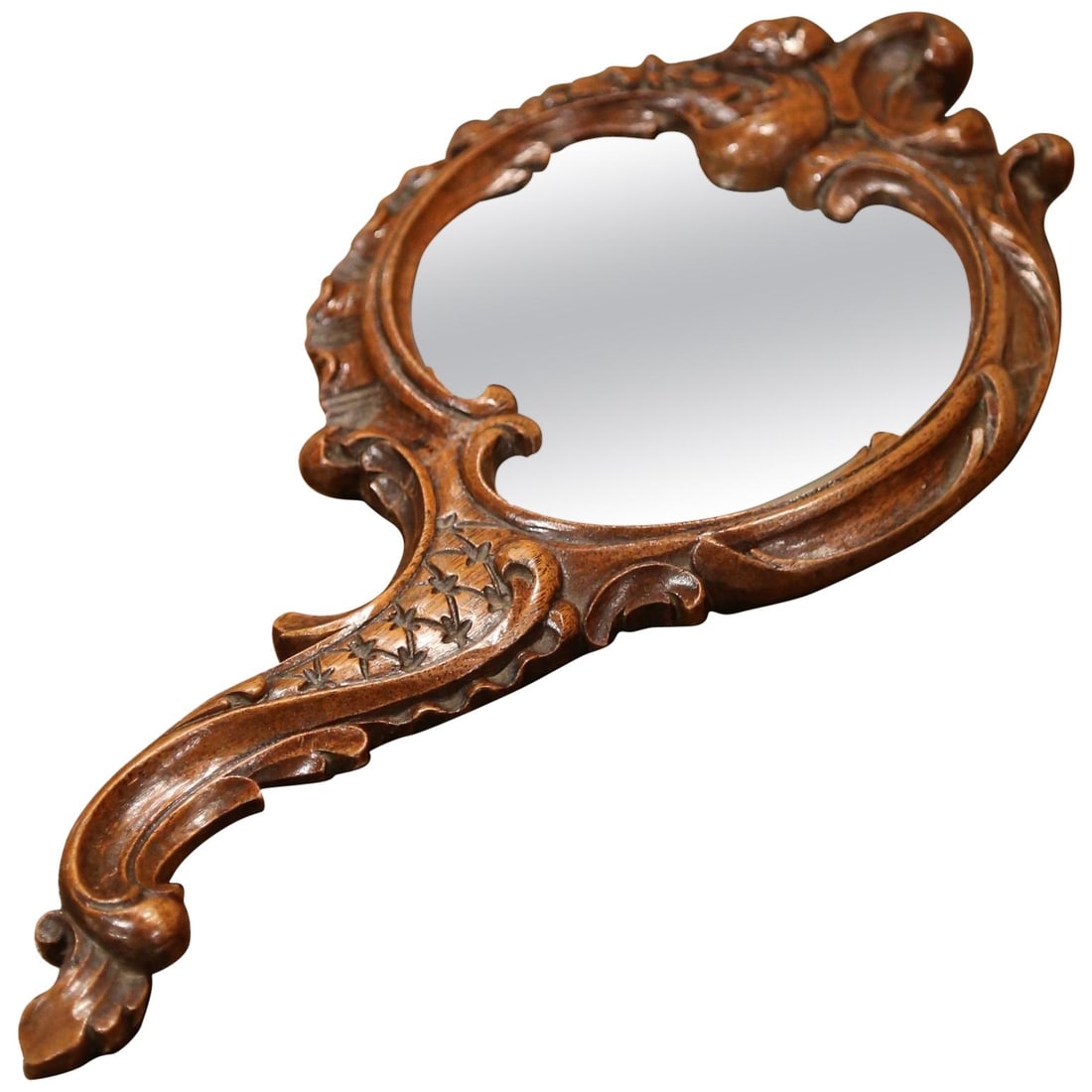 Antique 19th Century French Black Forest Carved Walnut Hand Mirror (1 of 8)