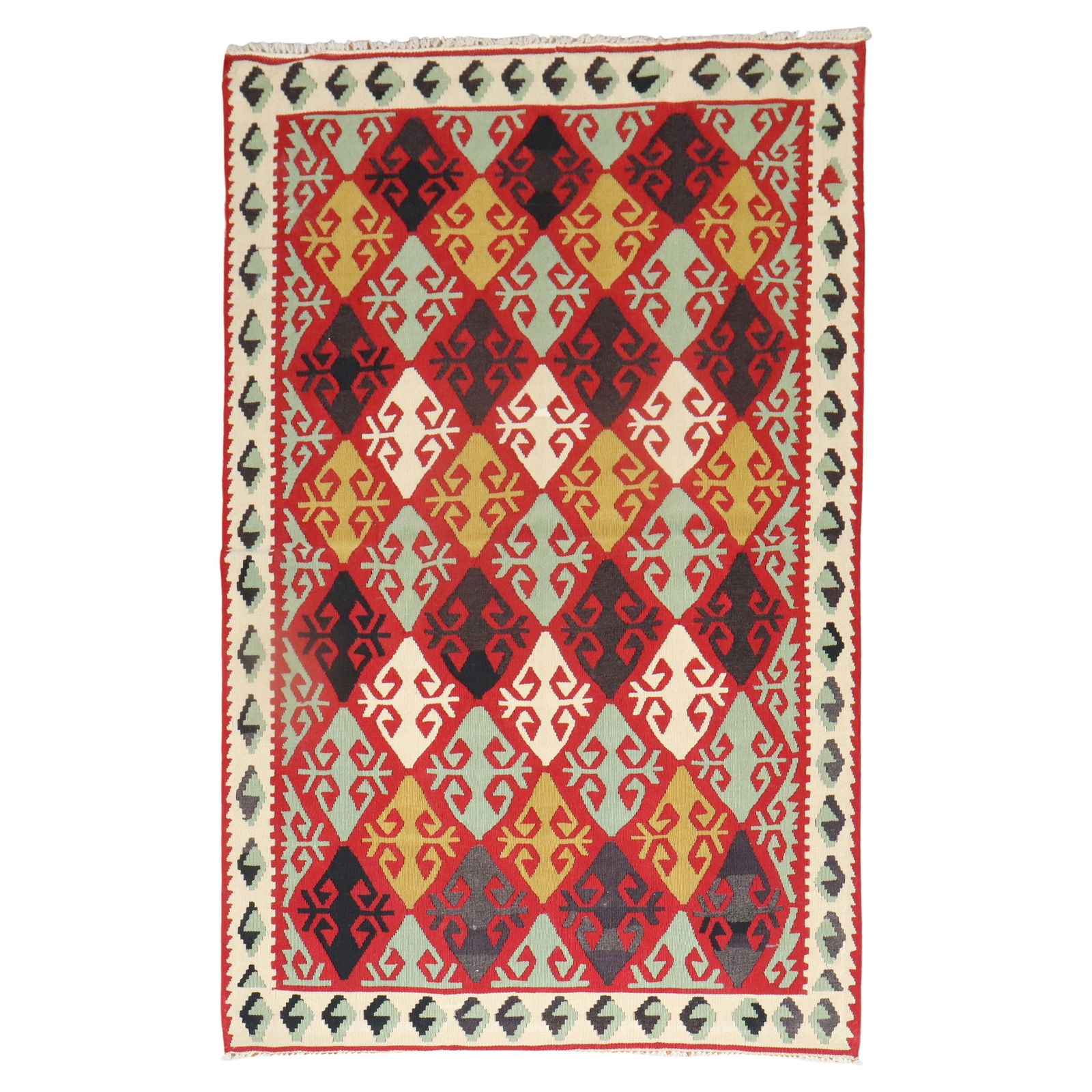 Mid-20th Century Hand-Knotted Turkish Kilim 42 x 66 Wool Geometric Pattern: Mid-20th Century Hand-Knotted Turkish Kilim 42 x 66 Wool Geometric Pattern This mid-20th century Turkish Kilim features a vibrant geometric pattern, expertly hand-knotted from quality wool. In great c