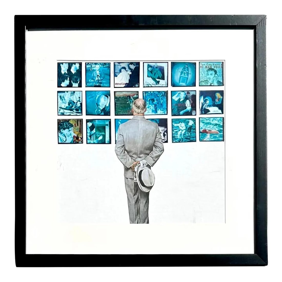 Framed Retro Photograph Featuring Pensive Gentleman in Classic Suit: Framed Retro Photograph Featuring Pensive Gentleman in Classic Suit This vintage photograph features a distinguished man in a suit, thoughtfully observing a collage of images on the wall. The piece is