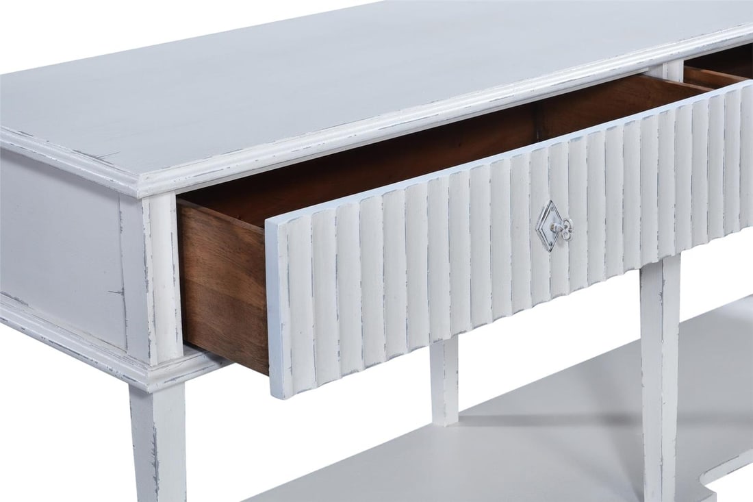 Taylor Transitional White Console with Finish and Soft-Closing Drawers: Taylor Transitional White Console with Finish and Soft-Closing Drawers Introducing a stunning Transitional Console in an elegant antique white finish, perfect for enhancing your home decor. Crafted wi