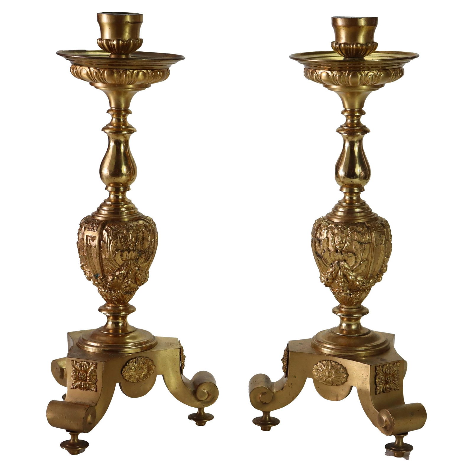 Antique French Brass Fire Gilt Bronze Figural Candlesticks Set of 2 C1890 (1 of 8)
