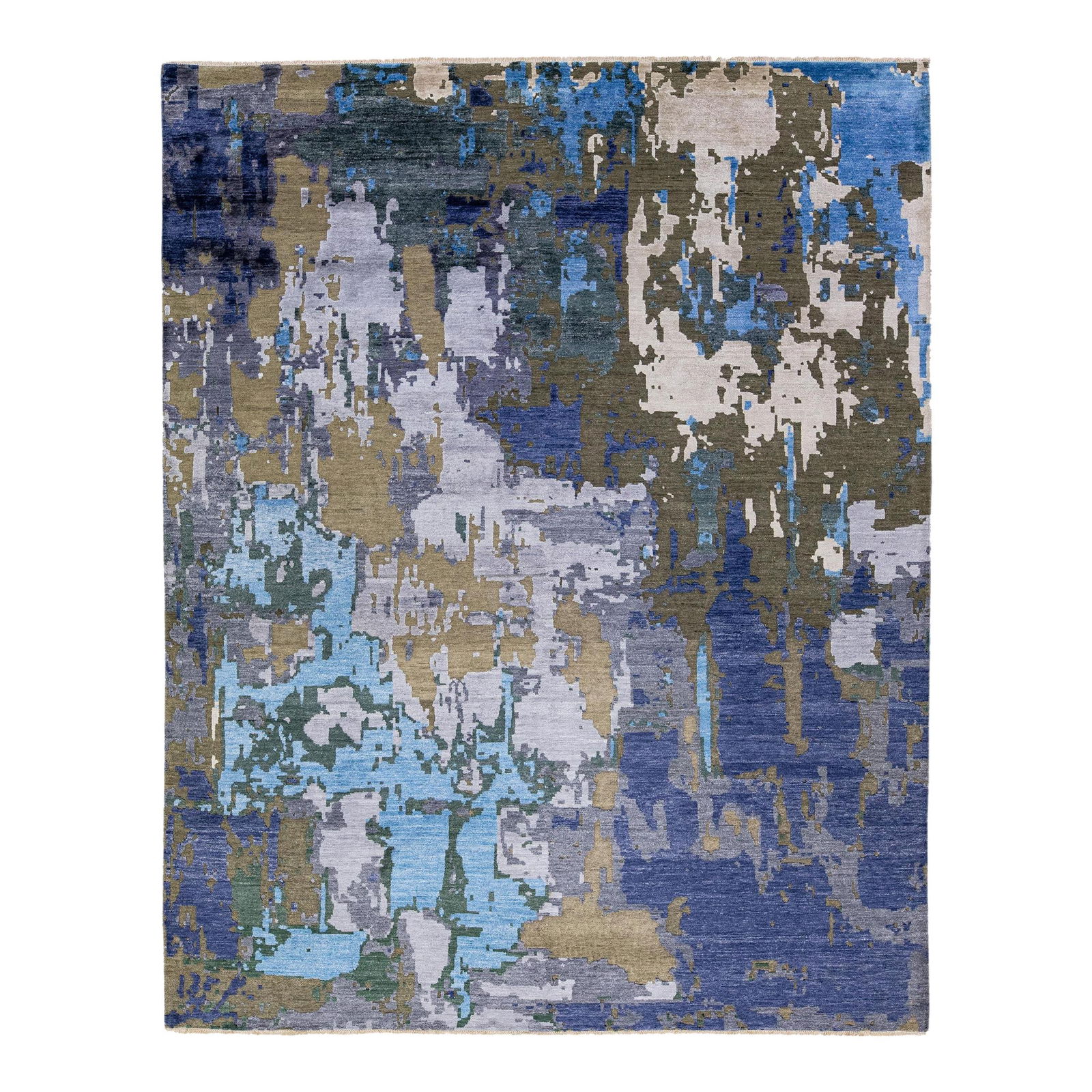 Modern Abstract Blue Wool Silk Rug 8' x 10' Handmade India: Modern Abstract Blue Wool Silk Rug 8' x 10' Handmade India Enhance your living space with this stunning modern Indian hand-knotted rug, crafted from a luxurious blend of wool and silk. Featuring a cap
