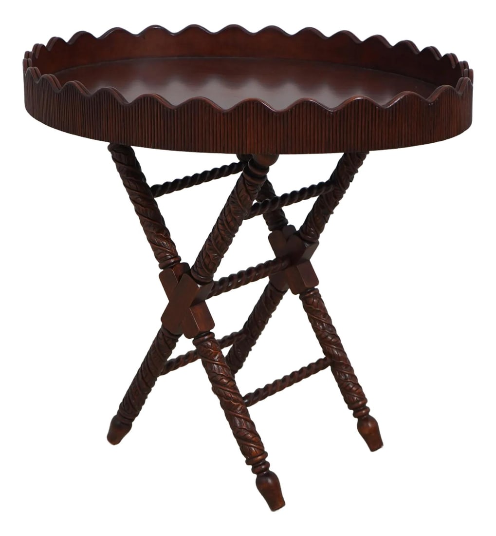 Ornate Caribbean Mahogany Serving Table with Bamboo Tray Top: Ornate Caribbean Mahogany Serving Table with Bamboo Tray Top This elegant Caribbean Style Carved Mahogany Tray Top Serving Table features a stunning ornate carved base and a removable tray top with a