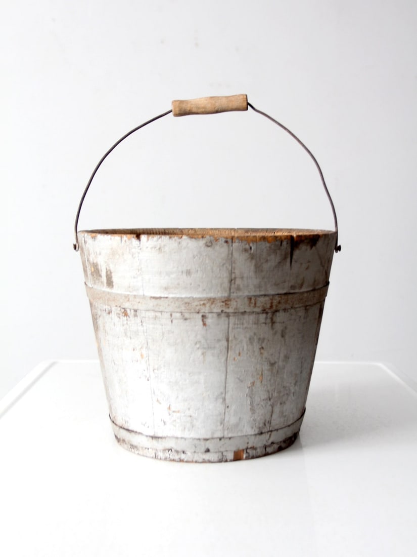 Rustic Vintage Wooden Bucket with Weathered Gray Finish (1 of 9)