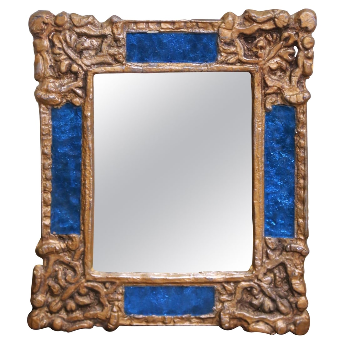 Petite Early 20th C Spanish Gilt Iron Sunburst Mirror with Blue Glass Insets (1 of 8)