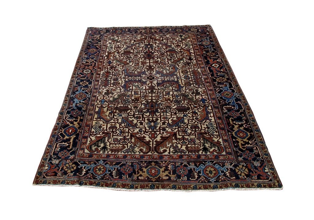6.7 x 9.1 Ivory Light Hand-Knotted Persian Heriz Area Rug: 6.7 x 9.1 Ivory Light Hand-Knotted Persian Heriz Area Rug Free continental US Shipping Introducing the 6.7 x 9.1 Ivory Light Persian Heriz Rug, a true masterpiece crafted by skilled Persian artisans.