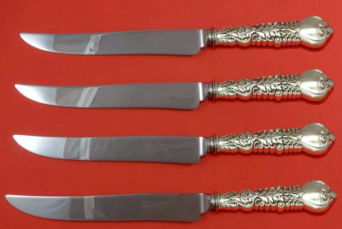 Tiffany and Co Florentine Sterling Silver Steak Knife Set 4-Piece Custom Texas Size: Tiffany and Co Florentine Sterling Silver Steak Knife Set 4-Piece Custom Texas Size Elevate your dining experience with this exquisite Florentine by Tiffany and Co. Sterling Silver Steak Knife Set. Cr