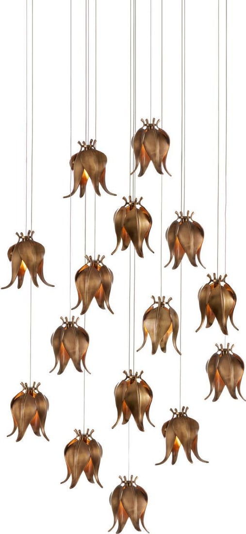Currey Iota 15-Light Brass Multi-Drop Pendant Art Nouveau: Currey Iota 15-Light Brass Multi-Drop Pendant Art Nouveau Illuminate your space with this elegant Antique Style Brass 15-Light Multi-Drop Pendant, designed to evoke the charm of vintage decor. This ex