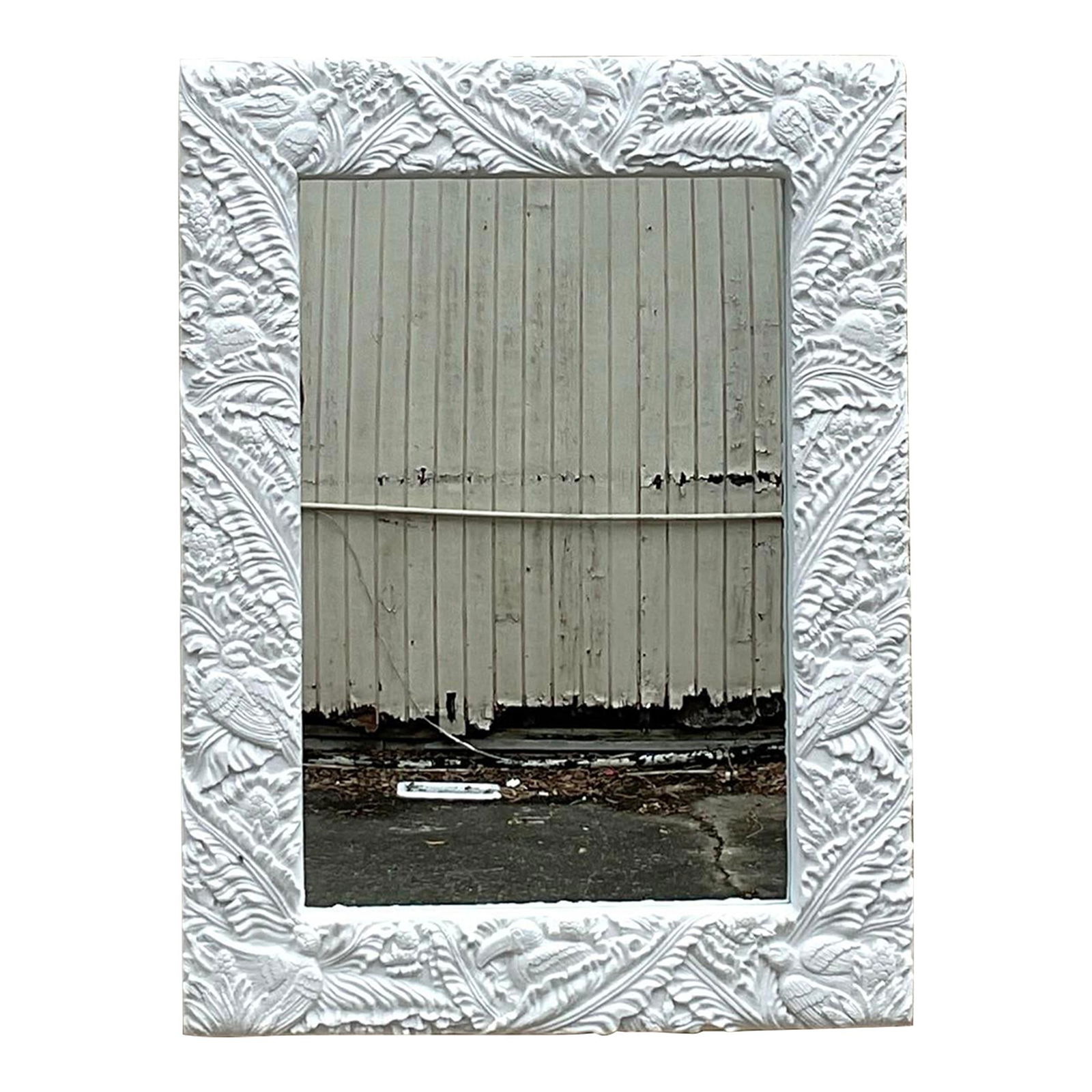 Vintage Coastal Tropical Frieze Wall Mirror from Palm Beach Estate: Vintage Coastal Tropical Frieze Wall Mirror from Palm Beach Estate Enhance your home decor with this stunning vintage Coastal wall mirror. Featuring a wide plaster frame adorned with an enchanting tro