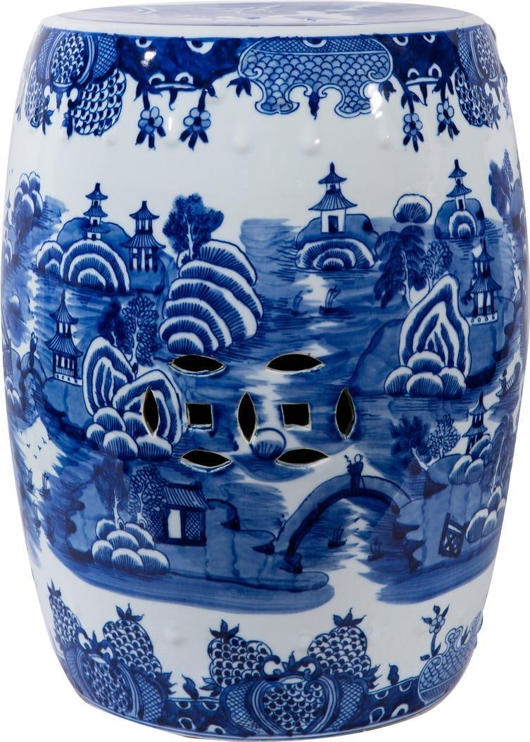 Hand-Crafted Blue Ceramic Chinoiserie Pagoda Garden Stool: Hand-Crafted Blue Ceramic Chinoiserie Pagoda Garden Stool This unique blue ceramic pagoda accent stool is a stunning addition to any space, showcasing a beautifully hand-crafted design inspired by tra