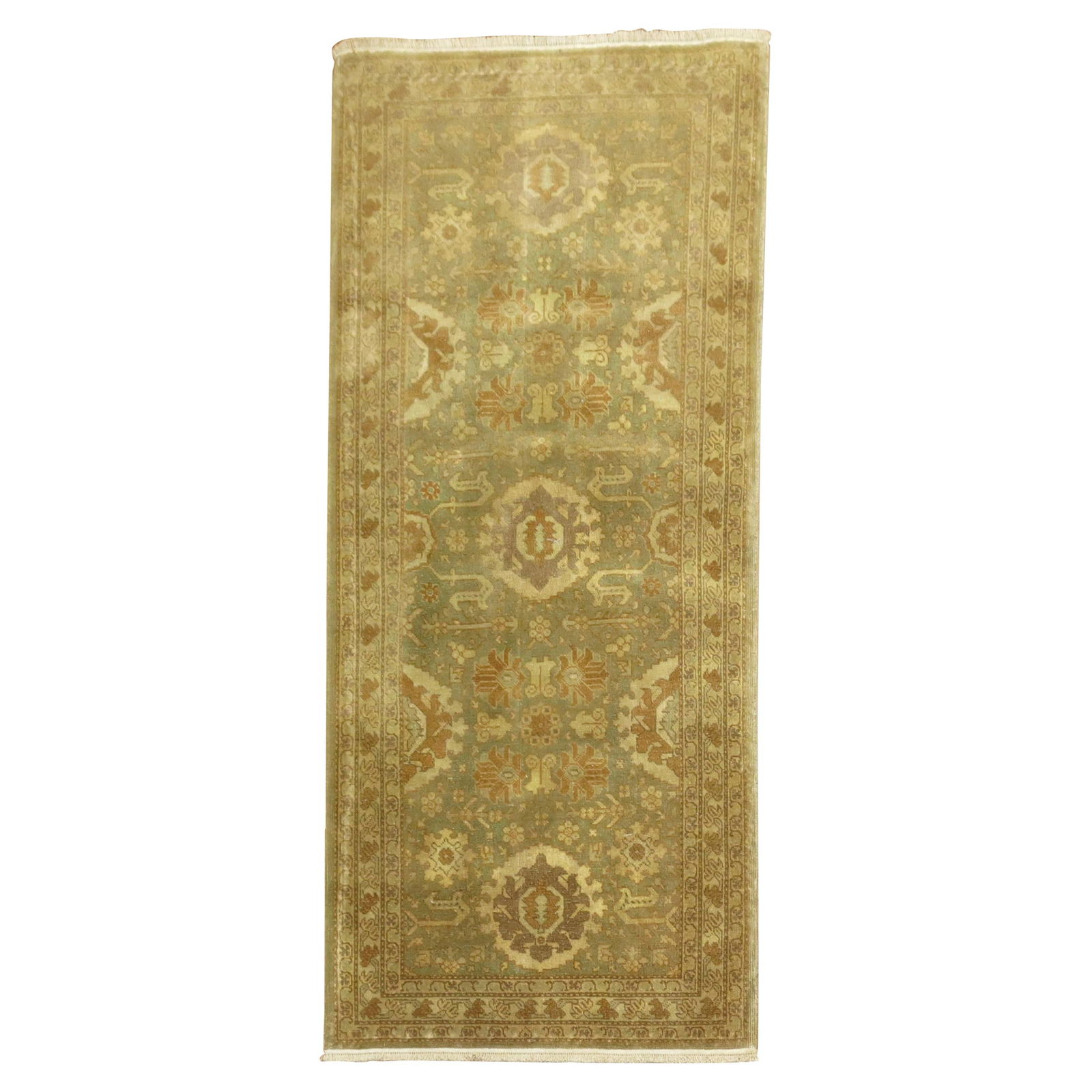 Mid-20th Century Malayer Wool Green and Gold Persian Tabriz Rug 2' x 4'3": Mid-20th Century Malayer Wool Green and Gold Persian Tabriz Rug 2' x 4'3" This exquisite small Persian Tabriz rug showcases a beautiful blend of green, brown, and gold hues, reflecting the rich crafts