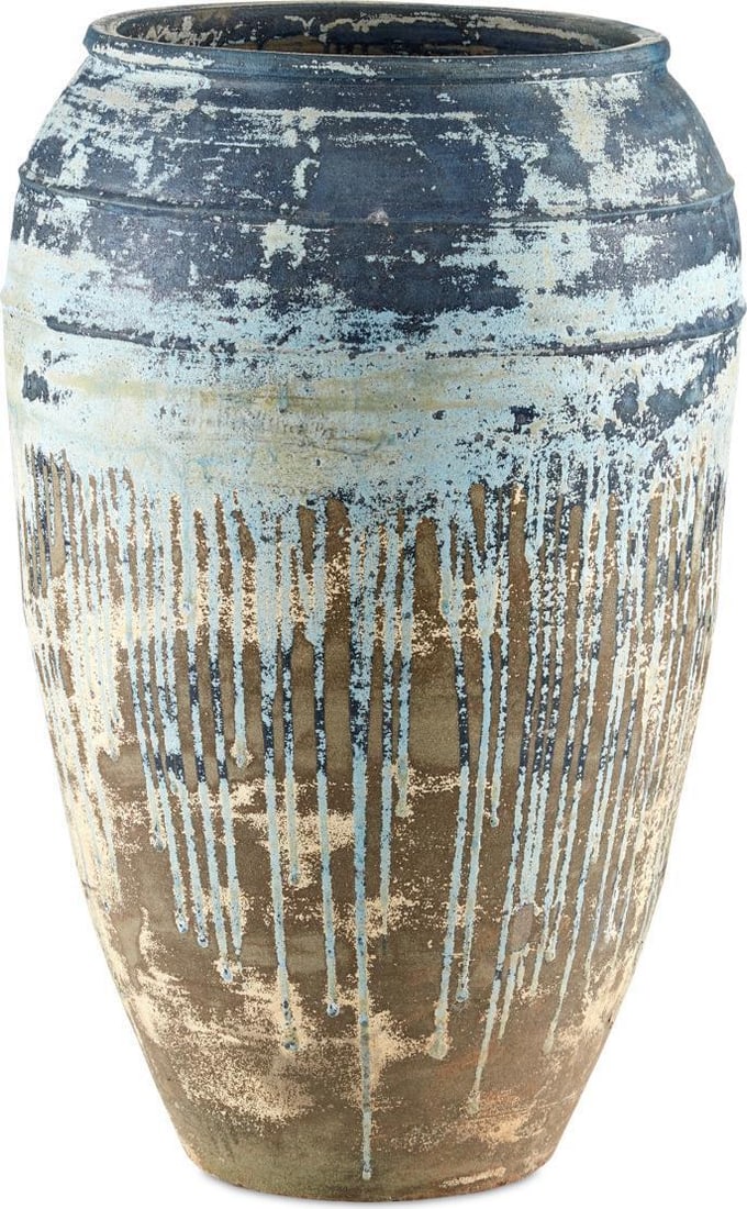 Currey Catania Blue Drip Terracotta Planter 40H x 26W x 26D: Currey Catania Blue Drip Terracotta Planter 40H x 26W x 26D Elevate your outdoor or indoor space with this Antique Style Blue Terracotta Planter. Crafted in a vintage style, this large planter feature