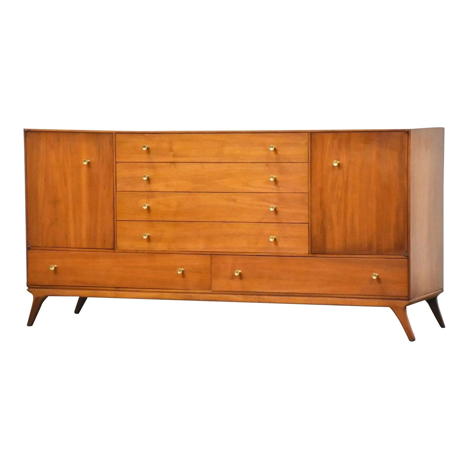 1960s Mid Century Modern Walnut Credenza with Brass Knobs: 1960s Mid Century Modern Walnut Credenza with Brass Knobs This stunning mid-century modern credenza features a rich walnut finish complemented by polished brass hourglass knobs. Its versatile design a