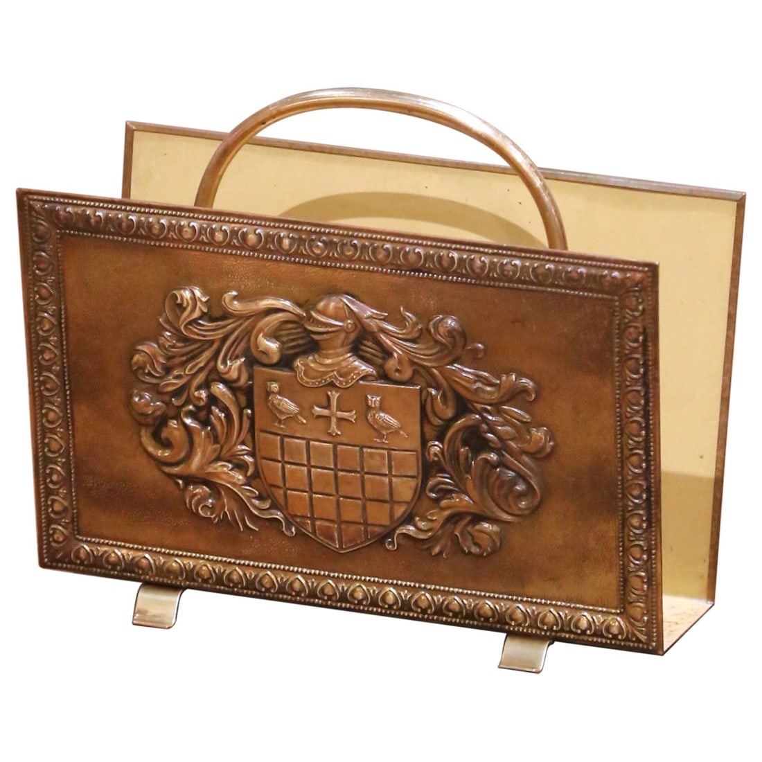 Renaissance Revival Brass Magazine Rack with Heraldic Repousse Panel circa 1920 (1 of 8)