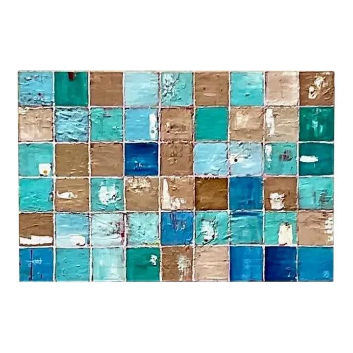 Signed Abstract Boho Oil Artwork on Canvas with Block Design: Signed Abstract Boho Oil Artwork on Canvas with Block Design This vintage boho abstract block oil painting features a striking combination of turquoise, teal, and earthy browns, offering a harmonious