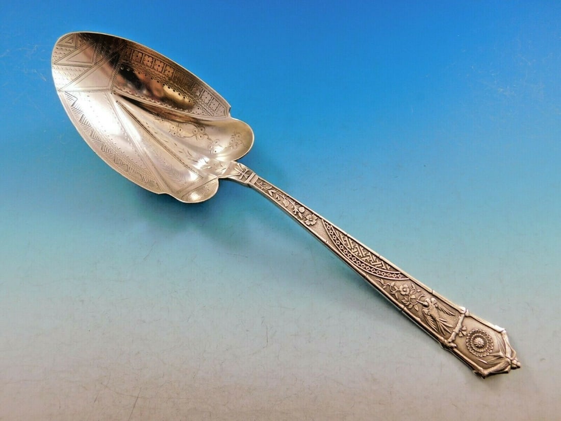 Gorham Japanese Sterling Silver Berry Spoon 9 3/8" Brite Cut: Gorham Japanese Sterling Silver Berry Spoon 9 3/8" Brite Cut Discover a stunning piece of history with this extraordinary Japanese pattern berry spoon by Gorham. Crafted from high-quality sterling sil