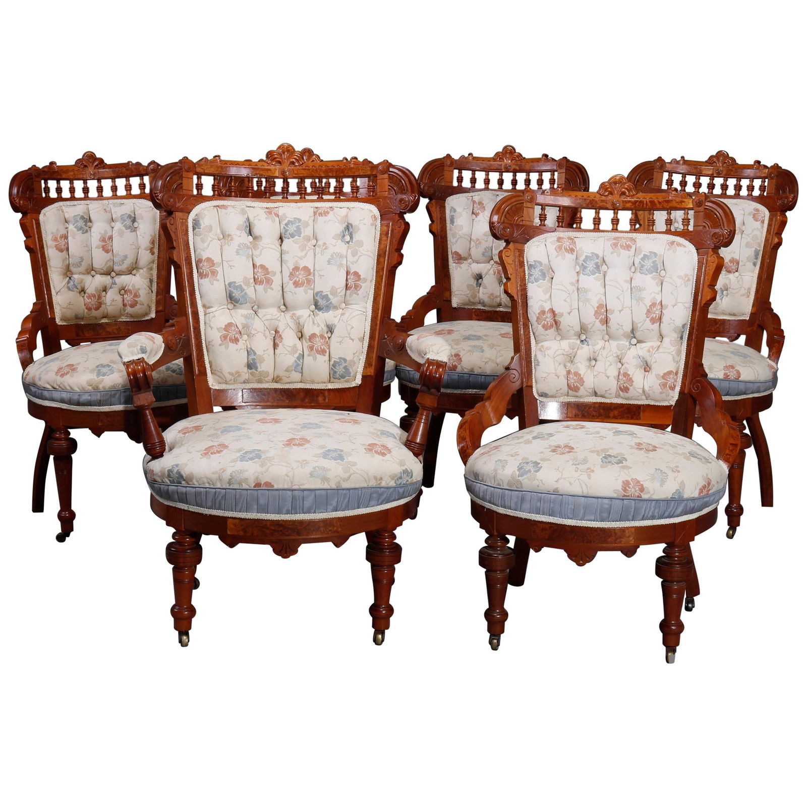 Set of 6 Antique Eastlake Walnut Burl Parlor Chairs C1890: Set of 6 Antique Eastlake Walnut Burl Parlor Chairs C1890 This exquisite set of six antique Eastlake parlor chairs, dating back to circa 1890, exemplifies the intricate craftsmanship characteristic of