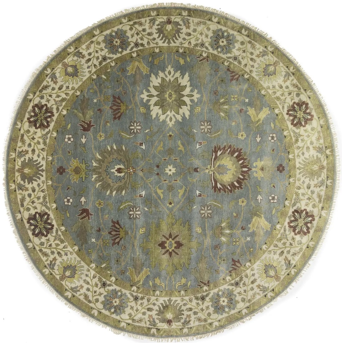 Light Blue Floral Design Hand-Knotted Wool Round Rug 10x10 ft: Light Blue Floral Design Hand-Knotted Wool Round Rug 10x10 ft Enhance your home decor with this stunning Light Blue Oushak Wool Round Rug, featuring an intricate floral design. Measuring 9'11" x 9'11"