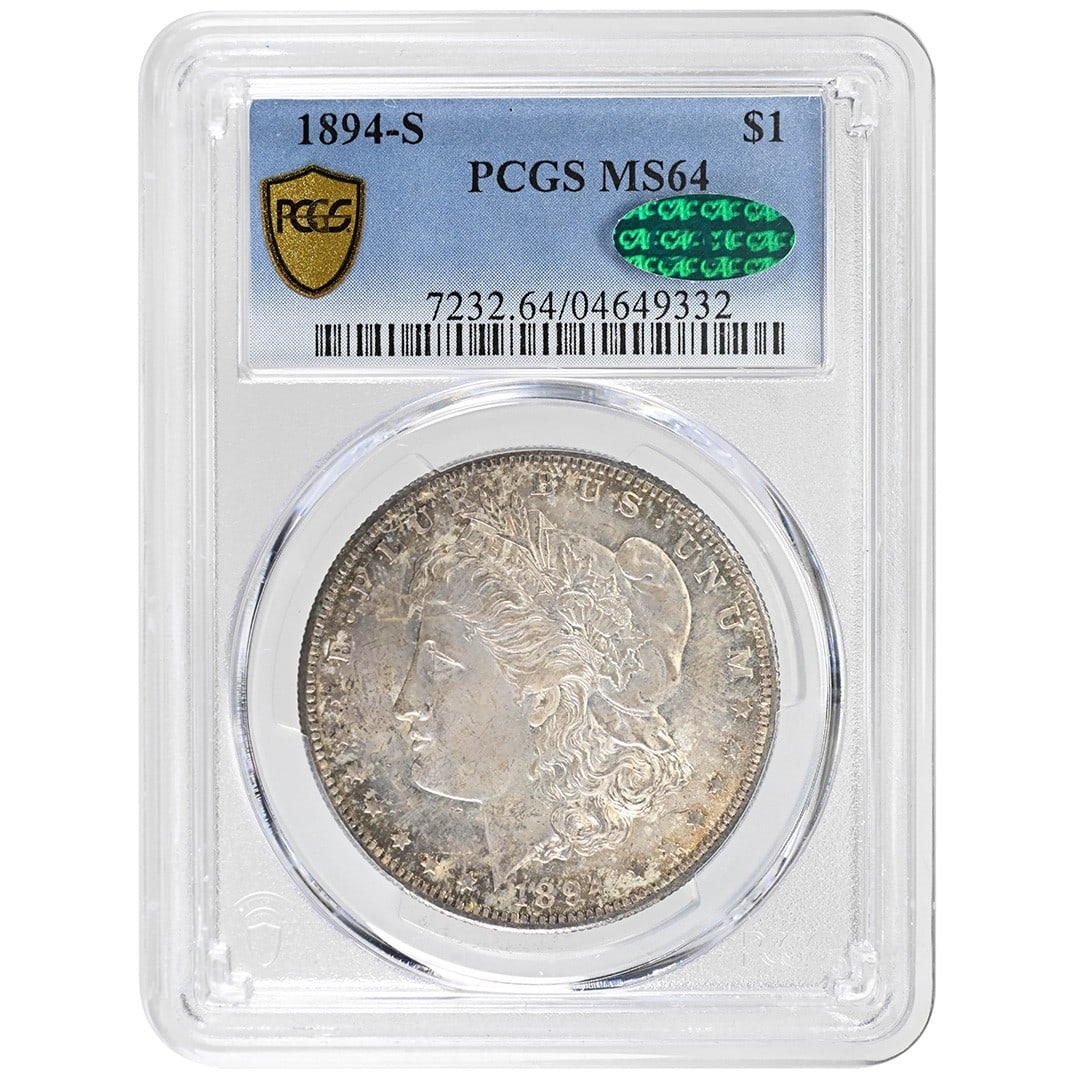 San Francisco 1894 Silver Morgan Dollar PCGS MS64 CAC Certified: San Francisco 1894 Silver Morgan Dollar PCGS MS64 CAC Certified This 1894-S $1 Morgan Dollar is a rare and collectible coin minted in San Francisco. Certified by PCGS and CAC with a grade of MS64, it