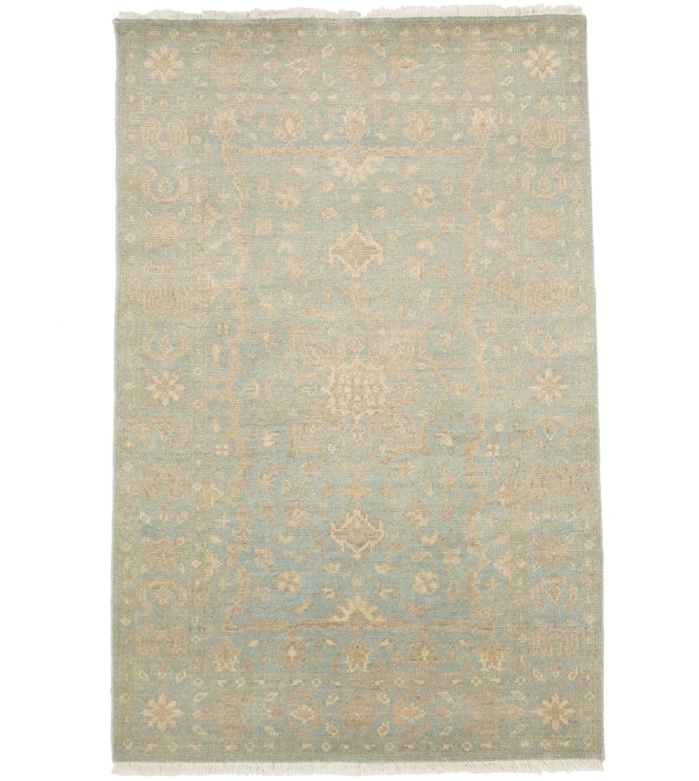 Handmade Aqua Blue Floral Wool Area Rug 4 x 6 ft: Handmade Aqua Blue Floral Wool Area Rug 4 x 6 ft Enhance your space with this exquisite handmade Oriental rug, featuring a serene muted aqua blue floral pattern that adds a touch of elegance to any ro