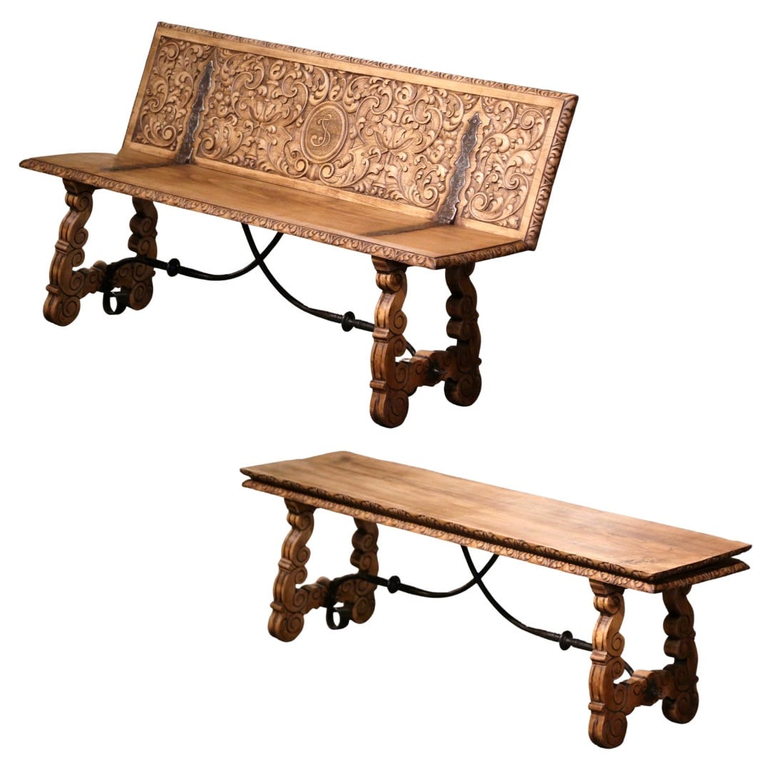 19th Century Spanish Renaissance Folding Bench Chestnut with Iron Stretchers: 19th Century Spanish Renaissance Folding Bench Chestnut with Iron Stretchers Enhance your entryway or hallway with this exquisite 19th Century Spanish Renaissance carved folding bench. Handcrafted in
