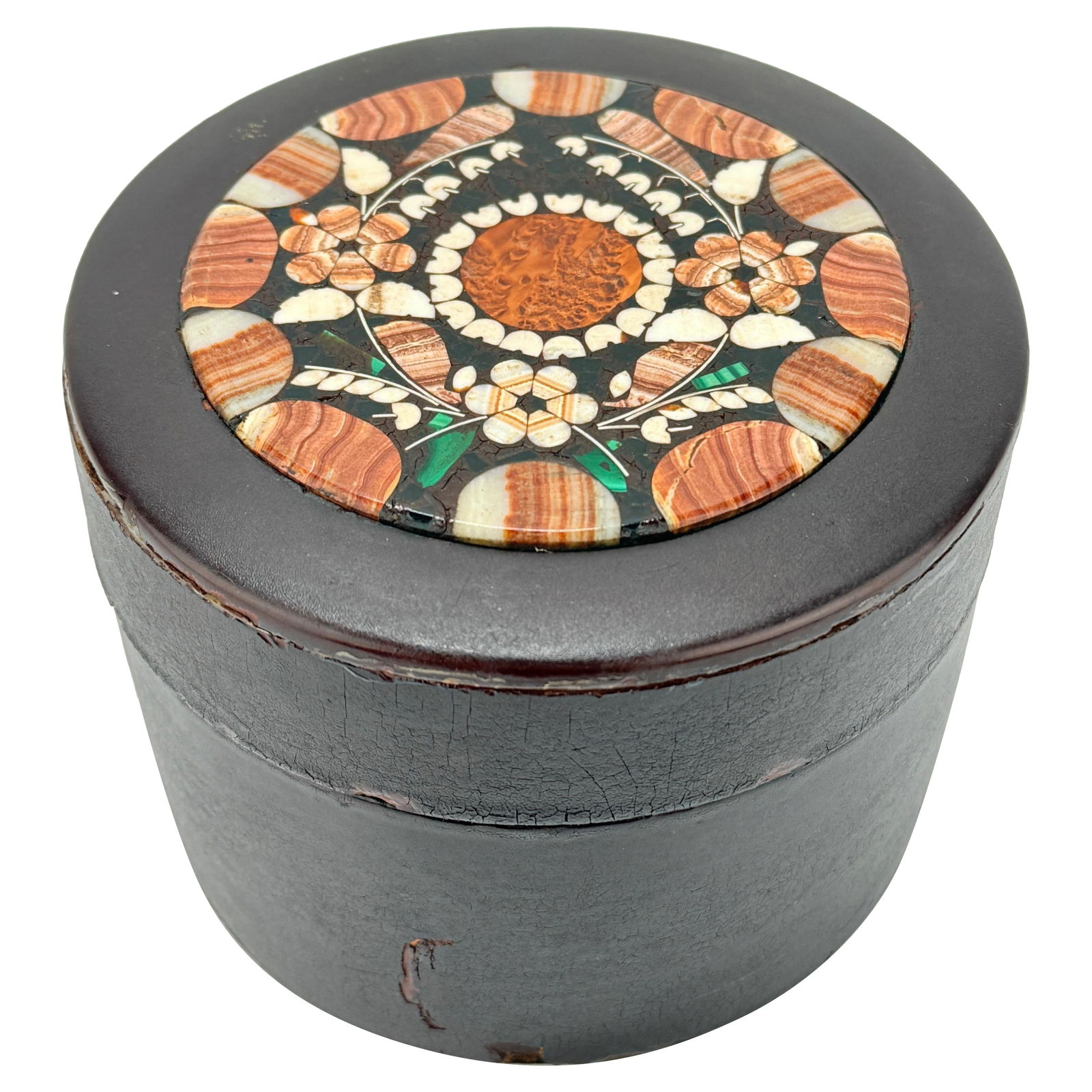 Italian Grand Tour Pietra Dura Leather Humidor Vanity Box: Italian Grand Tour Pietra Dura Leather Humidor Vanity Box Discover the elegance of the Italian Grand Tour Style with this exquisite Pietra Dura and leather humidor or vanity box. Standing at 3.625 in