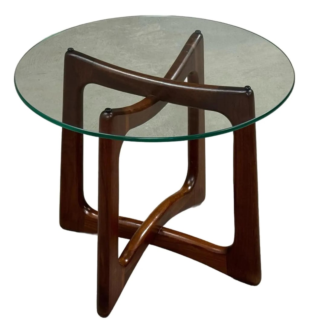 Mid Century Adrian Pearsall Walnut Glass Ribbon End Table: Mid Century Adrian Pearsall Walnut Glass Ribbon End Table Elevate your living space with this exquisite mid-century modern walnut ribbon end table, designed by Adrian Pearsall for Craft Associates. Th