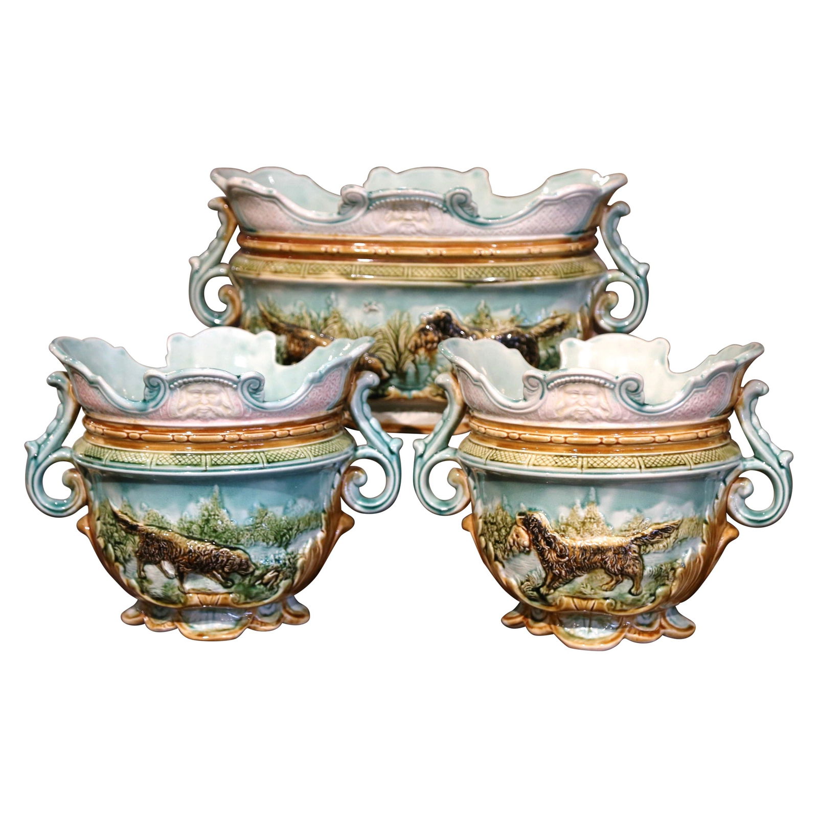 19th Century French Majolica Jardiniere Cache Pot Set of 3 Hand-Painted Hunting Dogs: 19th Century French Majolica Jardiniere Cache Pot Set of 3 Hand-Painted Hunting Dogs Enhance your space with this exquisite set of 19th Century French Majolica, featuring a large jardiniere and two ma