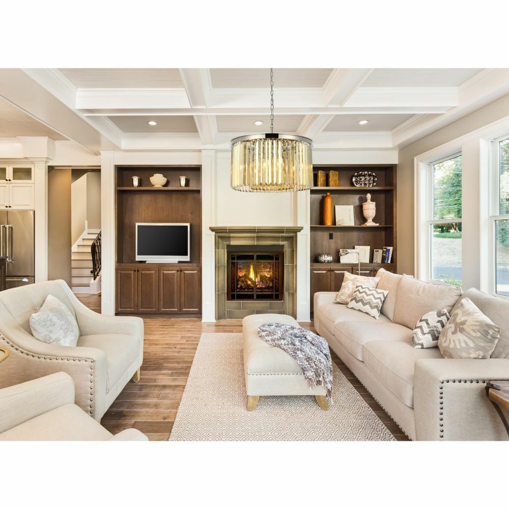 Sydney 8-Light Crystal Chandelier With Polished Nickel Finish And Golden Teak Accents 26": Sydney 8-Light Crystal Chandelier With Polished Nickel Finish And Golden Teak Accents 26" This modern chandelier features eight lights set within a polished nickel frame, adorned with high-quality gol