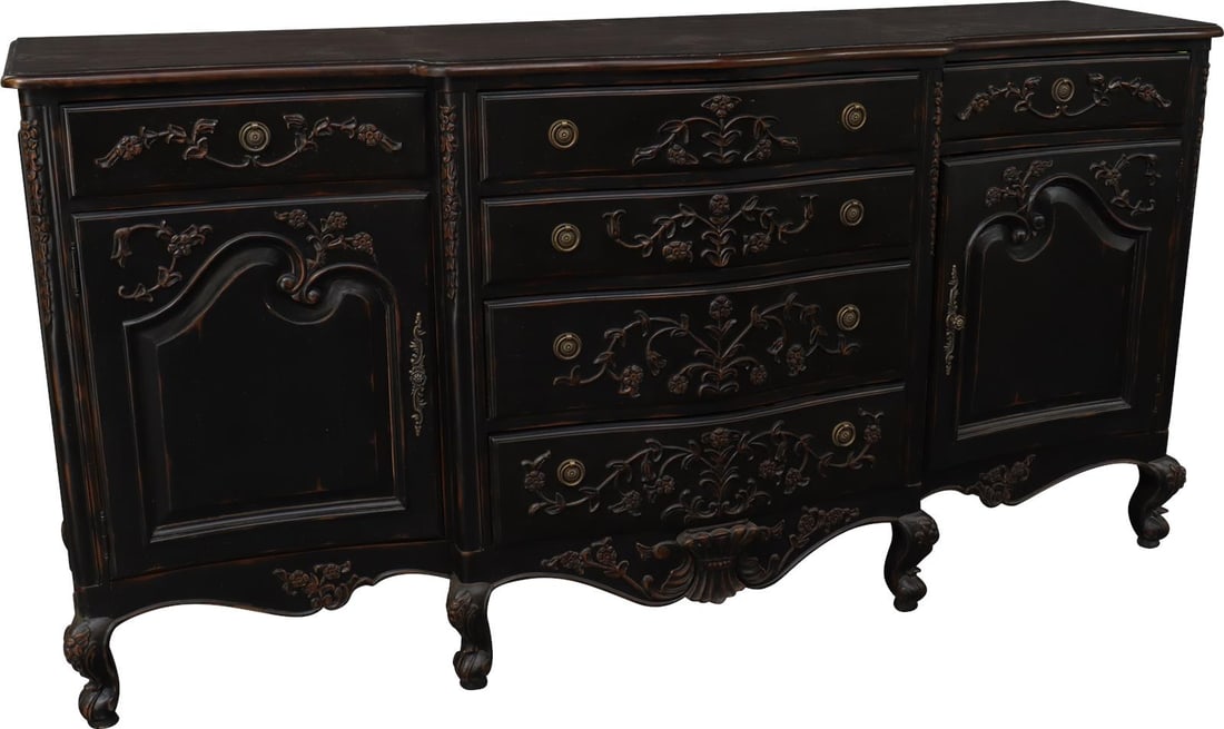 French Provincial Sideboard Solid Wood Antiqued Blackwash Walnut Top (1 of 15)