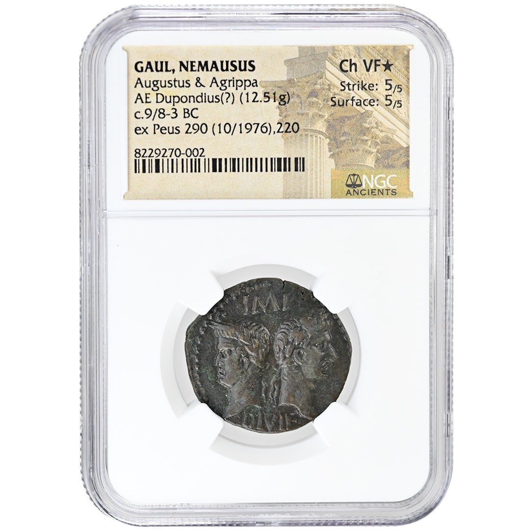 NGC Certified Roman Empire AE Dupondius of Augustus and Agrippa Ch VF: NGC Certified Roman Empire AE Dupondius of Augustus and Agrippa Ch VF This rare AE Dupondius coin features Augustus and Agrippa from the Roman Empire. Graded Choice Very Fine (Ch VF) by NGC, the coin