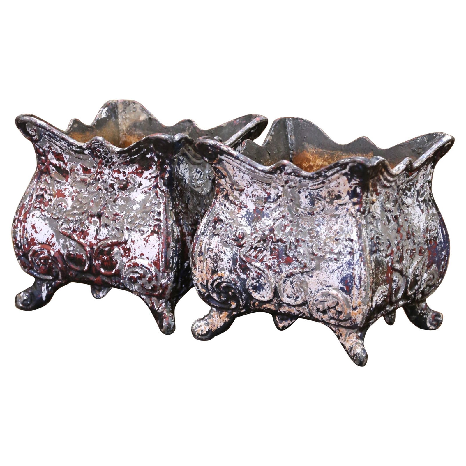 Set of 2 19th C. French Louis XV Cast Iron Planters with Polychrome Finish: Set of 2 19th C. French Louis XV Cast Iron Planters with Polychrome Finish This exquisite set of two 19th-century French Louis XV cast iron planters showcases the elegance and craftsmanship of the era